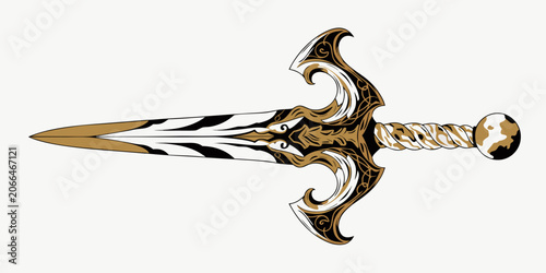 Detailed medieval dagger with intricate black and gold design on blade and handle middle ages battering ram murder holes sally port postern gate medieval intricate illustration ornament