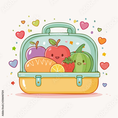 Cute Kawaii Lunchbox with Happy Fruits and Vegetables