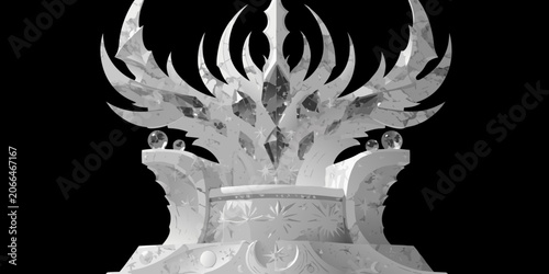 Intricate ice throne with detailed carvings and a starry crest surrounded by jagged ice formations boo carvings formations reflective illustration background wallpaper decoration