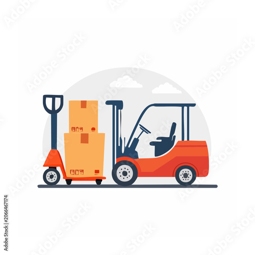 Flat design delivery truck with boxes and forklift