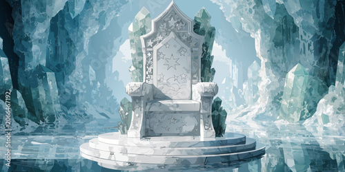 Intricate ice throne with detailed carvings and a starry crest surrounded by jagged ice formations boo carvings formations reflective illustration background wallpaper decoration
