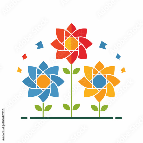Geometric Flowers with Colorful Petals and Confetti
