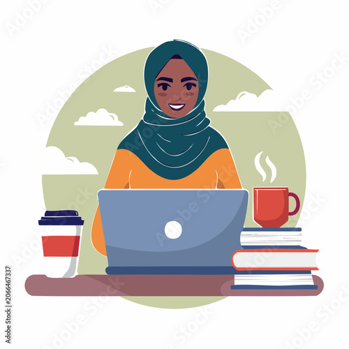 Muslim Woman Working on Laptop with Coffee and Books