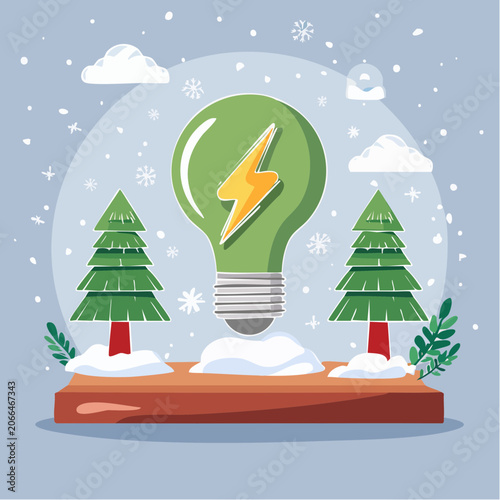 Green Energy Light Bulb with Christmas Trees and Snowflakes