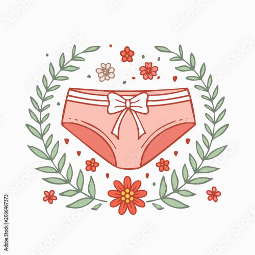 Pink Panties with Bow and Floral Wreath Illustration