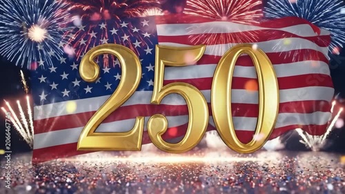 Golden number 250 with waving American flag and fireworks. USA 250th Anniversary, America Semiquincentennial, 4th of July Independence Day celebration and patriotic milestone concept.