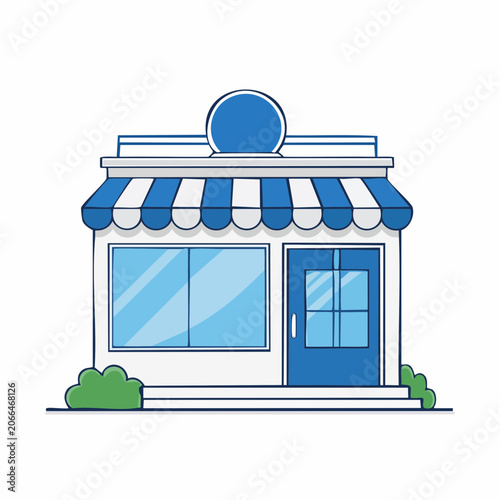 Flat design storefront with blue awning and windows