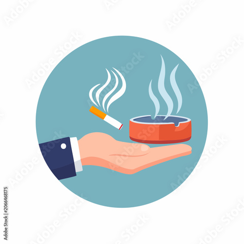 Hand holding cigarette and ashtray with smoke