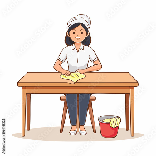 Woman cleaning a wooden table with a yellow cloth