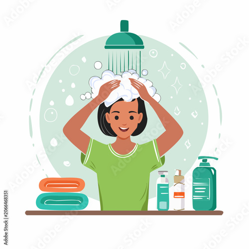Woman washing hair in shower with shampoo and bottles