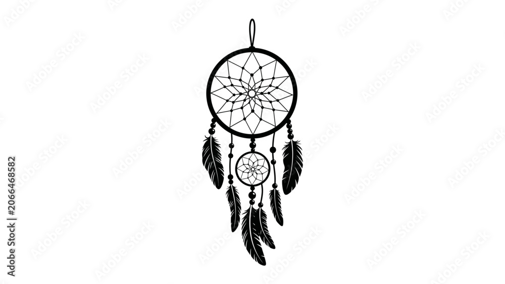 Obraz premium Dreamcatcher Charm: An intricate black dreamcatcher, adorned with delicate beadwork and hanging feathers, symbolizes protection and good dreams.