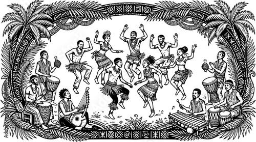 Ancient black silhouette illustration of traditional gathering with music and communal dining isolated on white background
