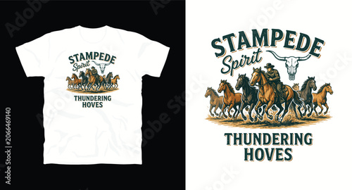 Stampede spirit thundering hooves t-shirt design with cowboy and herd of wild horses illustration.