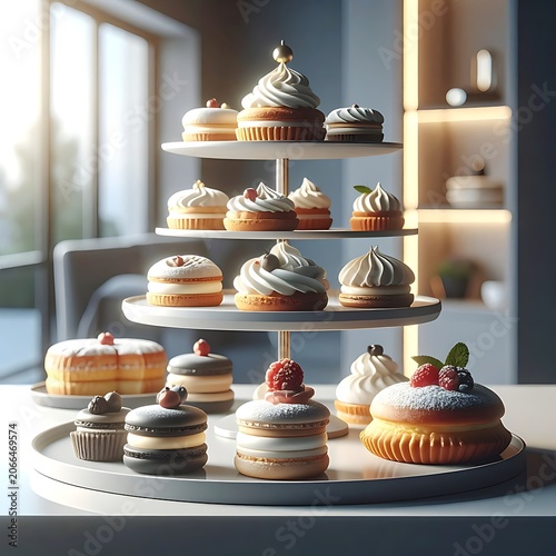 A three-tiered stand of assorted cupcakes on a table