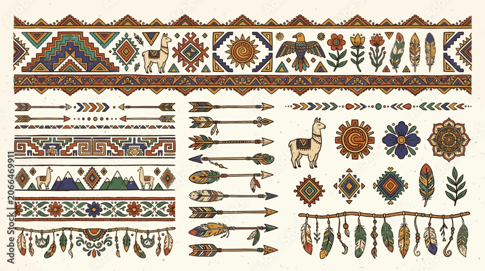 Fototapeta premium Andean Indigenous Folk Art Pattern Elements Set, Tribal Borders with Llama Sun and Ethnic Icons