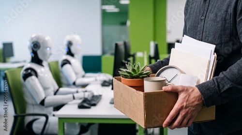 Fired employee carrying personal belongings in a box while robots work at his former desk in a modern office