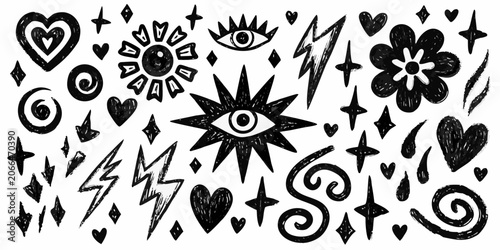 Bild auf Leinwand Occult themed Floral And Geometric Elements Black Ink Sketch On White Background