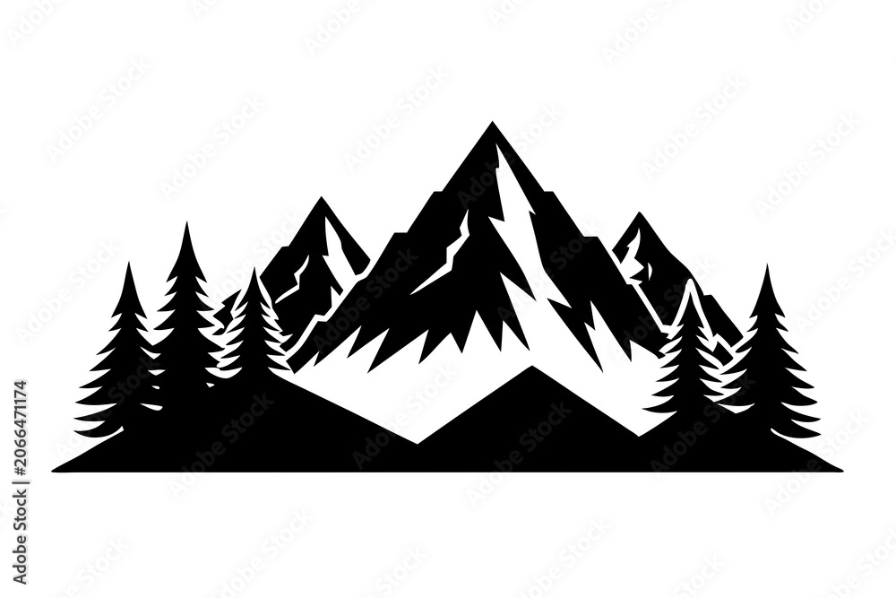 Obraz premium Majestic black mountain range vector illustration, a striking silhouette of towering peaks and evergreen pine trees, ideal for outdoor adventure branding, nature logos, and wilderness designs.