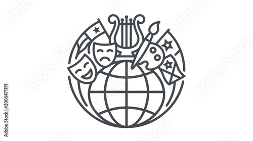 Konstfotografi Arts and performance symbols surrounding a world globe.