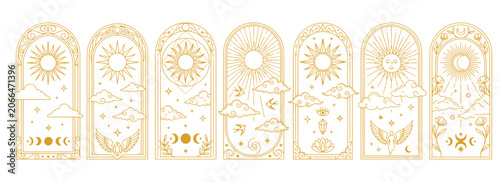 Foto Celestial sun moon phases and clouds in ornate arched frames with astrological s