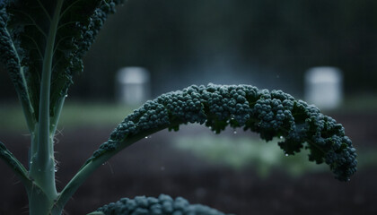 Professional macro photograph of fresh organic Lacinato dinosaur kale leaf with water droplets in a moody garden field