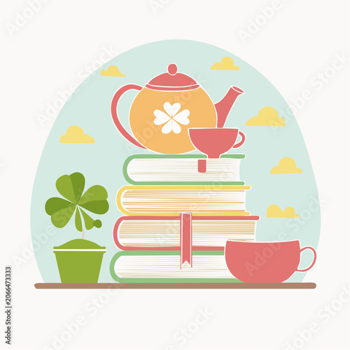 Stack of Books with Teapot, Cups, and Potted Plant
