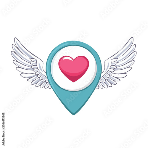 Teal location pin with pink heart and white wings icon