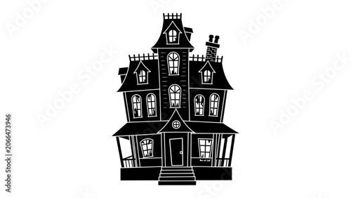 Photos Spooky Mansion Silhouette: A strikingly silhouetted, multi-story Victorian mansion stands against a stark backdrop, its gothic architecture hinting at mysteries and haunted tales