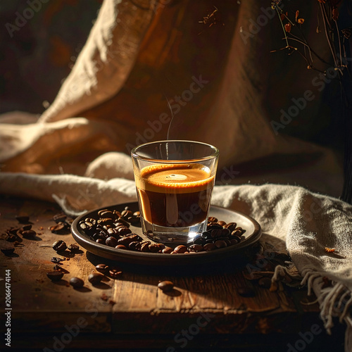 Fresh Espresso Shot with Crema on Rustic Table with Beans