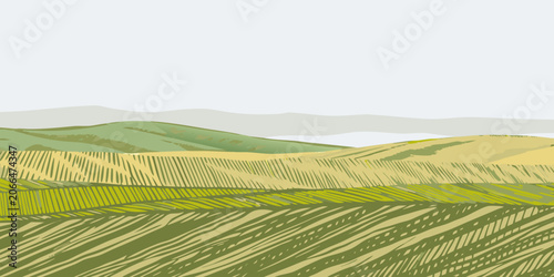Tablou pe pânză Rolling hills landscape illustration layered green and yellow tones