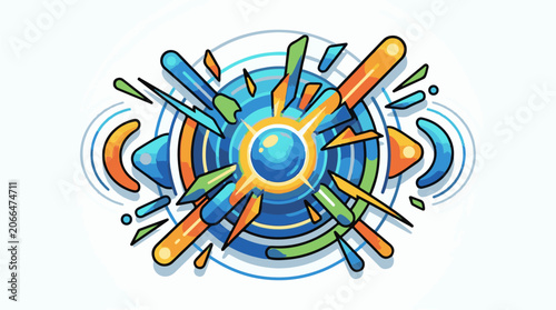 A stylized blue sunburst with colorful rays and abstract shapes on a white background