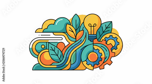 A stylized illustration of a lightbulb surrounded by leaves, gears, and abstract shapes