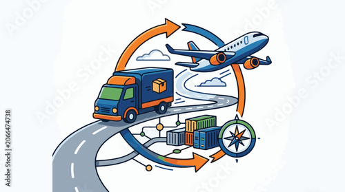 A stylized illustration of a delivery truck and airplane on a winding road