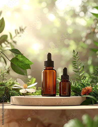 Two brown glass bottles on wooden tray surrounded by green leaves