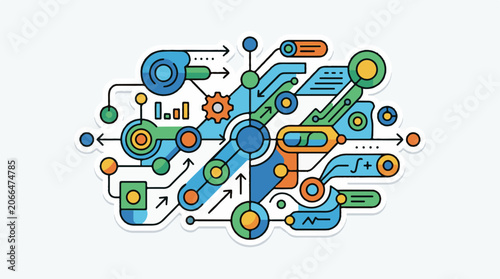 A vibrant abstract illustration of interconnected gears, arrows, and graphs in blue, green, orange, and yellow hues