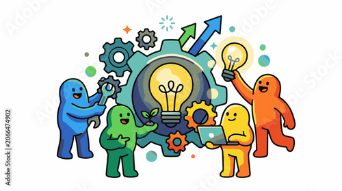 Colorful cartoon characters with gears and lightbulbs