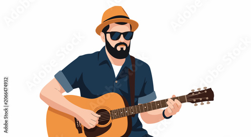 A man with a beard and hat playing an acoustic guitar