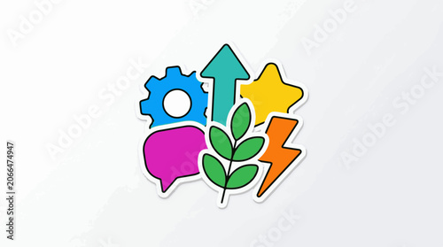 Colorful icons of gear, arrow, star, lightning, speech bubble, and plant on white