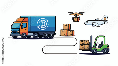 Colorful illustration of a truck, drone, airplane, and forklift transporting boxes
