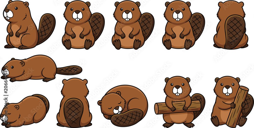 Fototapeta premium Cute Cartoon Beaver Character Vector Illustration Set with Various Poses Activities and Views Including Sleeping and Holding Log for Kids Design Stickers