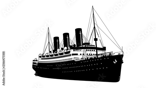 Konstfotografi Vintage Ocean Liner Silhouette: A classic ocean liner, rendered in a stark black silhouette, sails majestically across an unseen sea