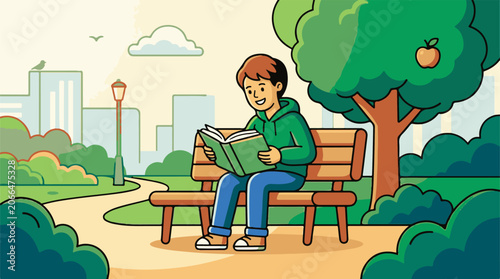 A boy sits on a park bench reading a book under a tree with a cityscape background