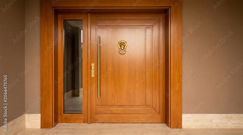 Fototapeta premium Modern wooden front door with a gold lion head door knocker and a long vertical handle