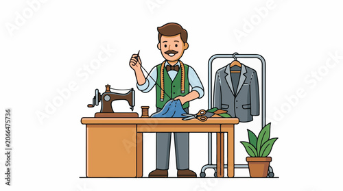 A cartoon man with brown hair and a mustache standing at a wooden worktable with a sewing machine, scissors, and fabric