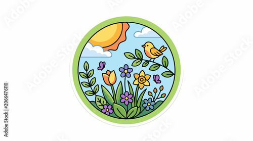 A circular illustration of a sunny garden scene with a bird on a branch surrounded by flowers and leaves