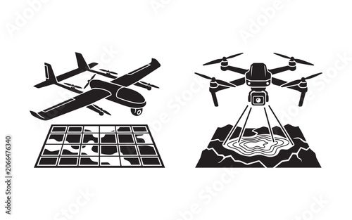 Graphic set of unmanned aerial vehicles performing topographical mapping and ground sensor scanning for analysis