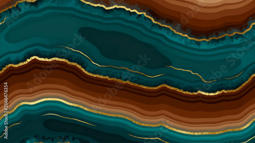 Abstract flowing digital art background in teal, brown, and gold, mimicking polished agate stone patterns for elegant and luxurious design aesthetics