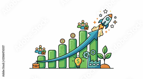 A colorful cartoon graphic depicting a rocket launching near a growing plant and bar chart