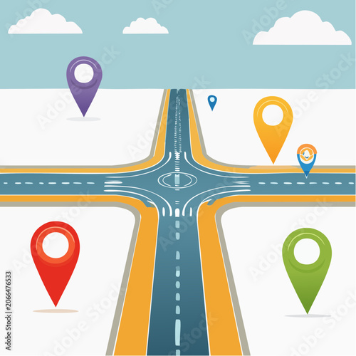 Flat design road intersection with colorful map pins and clouds