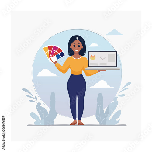 Graphic designer holding laptop and color palette